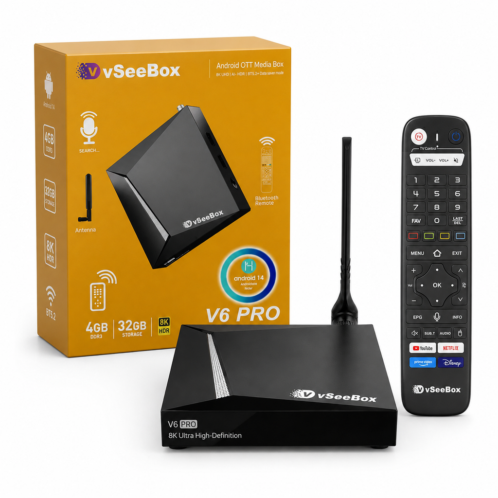 vSeeBox V6 PRO TV Box – Android 14, 4GB RAM, 32GB Storage, WiFi 6